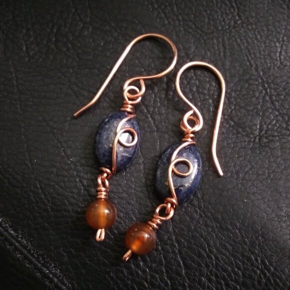 Fall Copper Earrings with Lapis Lazuli & Russet Agate ~ Handmade Boho City Chic - Picture 3 of 9